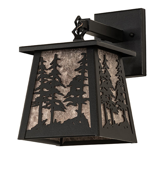 Meyda Lighting Tall Pines 7" Textured Black Lantern Wall Sconce With Silver Mica Shade Glass