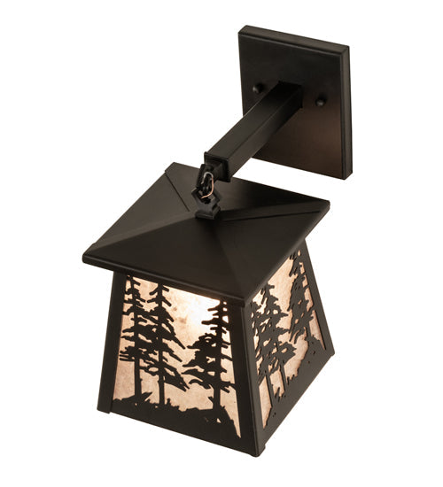 Meyda Lighting Tall Pines 7" Textured Black Lantern Wall Sconce With Silver Mica Shade Glass