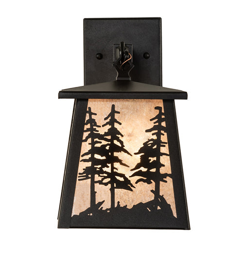 Meyda Lighting Tall Pines 7" Textured Black Lantern Wall Sconce With Silver Mica Shade Glass