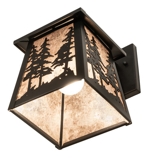 Meyda Lighting Tall Pines 7" Textured Black Lantern Wall Sconce With Silver Mica Shade Glass