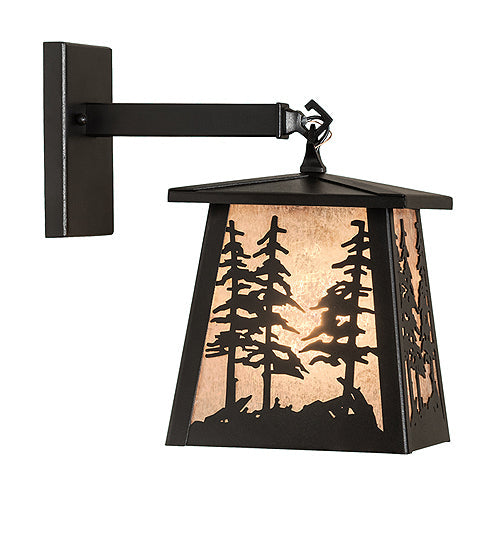 Meyda Lighting Tall Pines 7" Textured Black Lantern Wall Sconce With Silver Mica Shade Glass