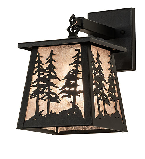 Meyda Lighting Tall Pines 7" Textured Black Lantern Wall Sconce With Silver Mica Shade Glass