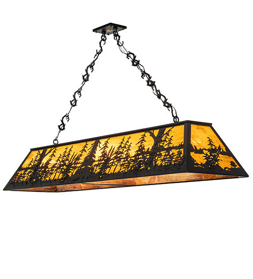 Meyda Lighting Tall Pines 72" 11-Light Textured Black Island Pendant Light With Honey Art Shade Glass