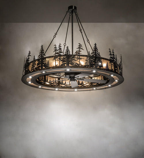 Meyda Lighting Tall Pines 72" 31-Light Dark Burnished Antique Copper Chandelier With Silver Mica Shade Glass and Fan