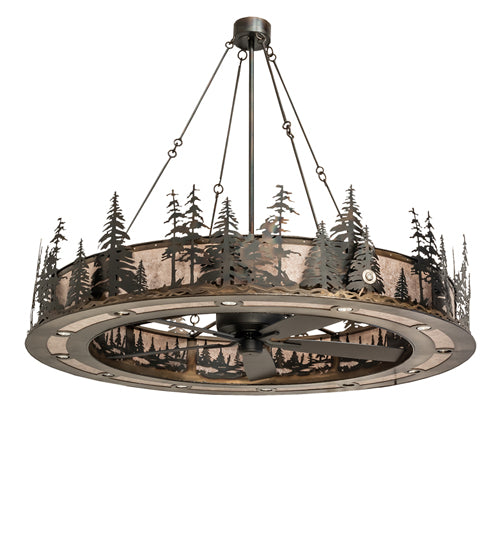 Meyda Lighting Tall Pines 72" 31-Light Dark Burnished Antique Copper Chandelier With Silver Mica Shade Glass and Fan