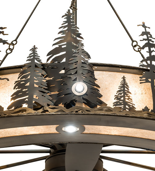 Meyda Lighting Tall Pines 72" 31-Light Dark Burnished Antique Copper Chandelier With Silver Mica Shade Glass and Fan