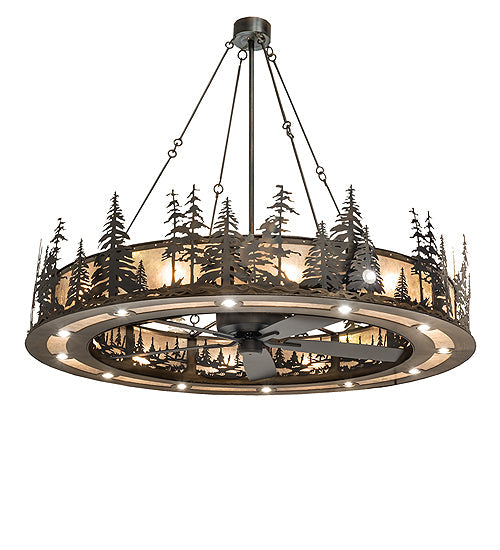 Meyda Lighting Tall Pines 72" 31-Light Dark Burnished Antique Copper Chandelier With Silver Mica Shade Glass and Fan