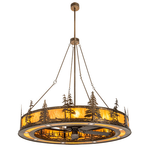 Meyda Lighting Tall Pines 73" 24-Light Antique Copper Chandelier With Ambra Siena Idalight Shade and Fan