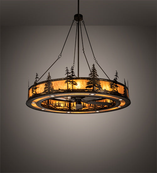 Meyda Lighting Tall Pines 73" 24-Light Antique Copper Chandelier With Ambra Siena Idalight Shade and Fan