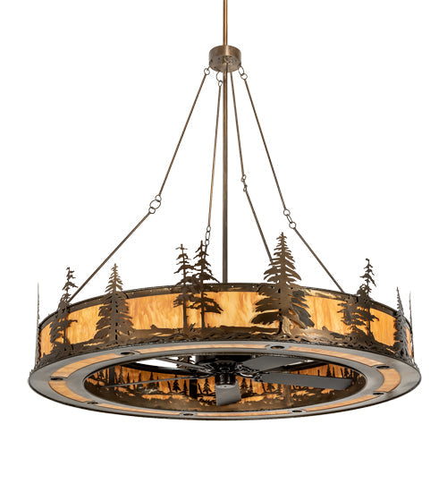 Meyda Lighting Tall Pines 73" 24-Light Antique Copper Chandelier With Ambra Siena Idalight Shade and Fan