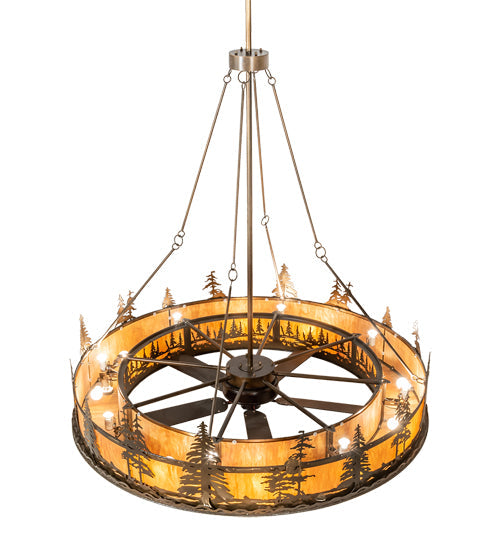 Meyda Lighting Tall Pines 73" 24-Light Antique Copper Chandelier With Ambra Siena Idalight Shade and Fan