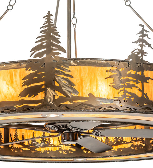 Meyda Lighting Tall Pines 73" 24-Light Antique Copper Chandelier With Ambra Siena Idalight Shade and Fan