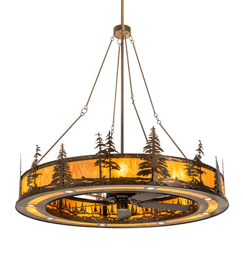 Meyda Lighting Tall Pines 73" 24-Light Antique Copper Chandelier With Ambra Siena Idalight Shade and Fan