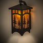 Meyda Lighting Tall Pines 8" Craftsman Brown Curved Arm Hanging Wall Sconce With Amber Mica Shade Glass