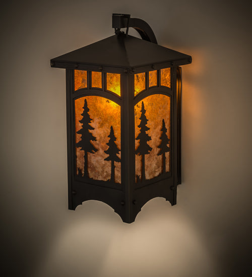 Meyda Lighting Tall Pines 8" Craftsman Brown Curved Arm Hanging Wall Sconce With Amber Mica Shade Glass