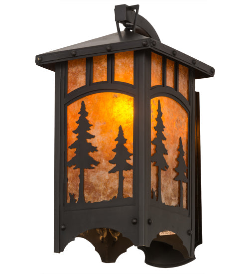 Meyda Lighting Tall Pines 8" Craftsman Brown Curved Arm Hanging Wall Sconce With Amber Mica Shade Glass