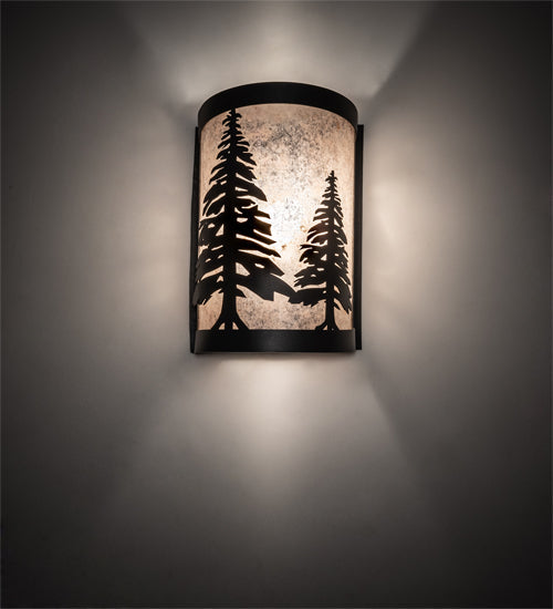 Meyda Lighting Tall Pines 8" Textured Black Wall Sconce With Silver Mica Shade Glass