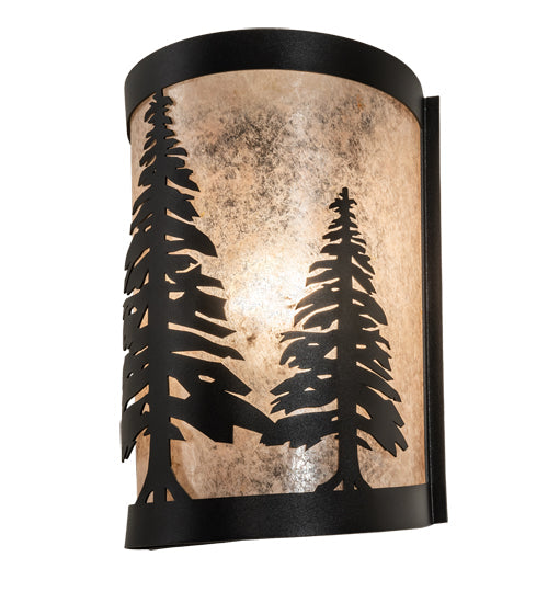 Meyda Lighting Tall Pines 8" Textured Black Wall Sconce With Silver Mica Shade Glass