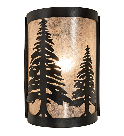 Meyda Lighting Tall Pines 8" Textured Black Wall Sconce With Silver Mica Shade Glass