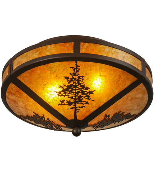 Meyda Lighting Tamarack 16" 2-Light Cafe Noir Flush Mount Light With Amber Mica Shade Glass