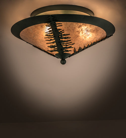 Meyda Lighting Tamarack 18" 3-Light Forest Green Flush Mount Light With Silver Mica Shade Glass