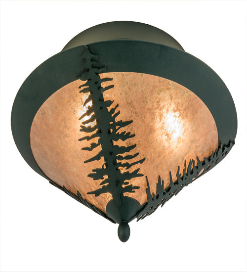 Meyda Lighting Tamarack 18" 3-Light Forest Green Flush Mount Light With Silver Mica Shade Glass