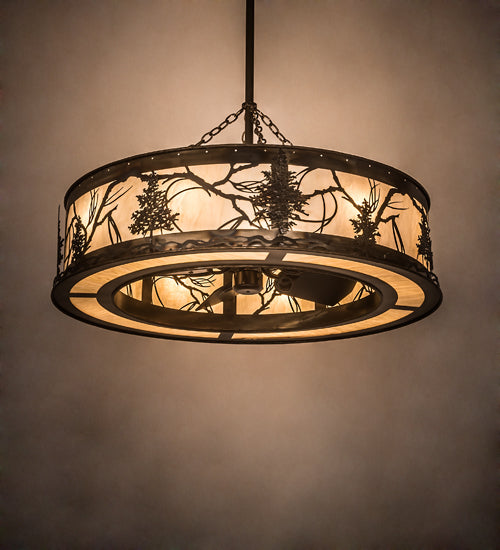 Meyda Lighting Tamarack 44" 16-Light Dark Burnished Antique Copper Chandelier With Creme Carrare Acrylic Shade and Fan