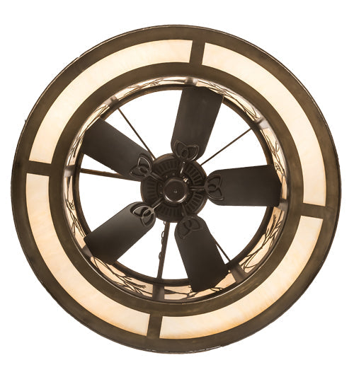 Meyda Lighting Tamarack 44" 16-Light Dark Burnished Antique Copper Chandelier With Creme Carrare Acrylic Shade and Fan