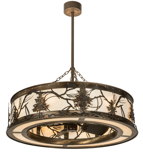 Meyda Lighting Tamarack 44" 16-Light Dark Burnished Antique Copper Chandelier With Creme Carrare Acrylic Shade and Fan