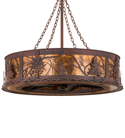 Meyda Lighting Tamarack 44" 16-Light Rust & Wrought Iron Chandelier With Amber Mica Shade Glass and Fan