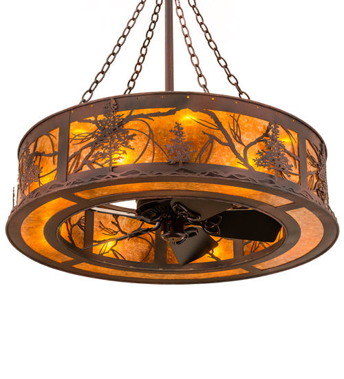 Meyda Lighting Tamarack 44" 16-Light Rust & Wrought Iron Chandelier With Amber Mica Shade Glass and Fan