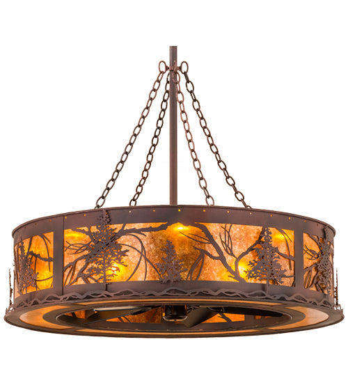 Meyda Lighting Tamarack 44" 16-Light Rust & Wrought Iron Chandelier With Amber Mica Shade Glass and Fan