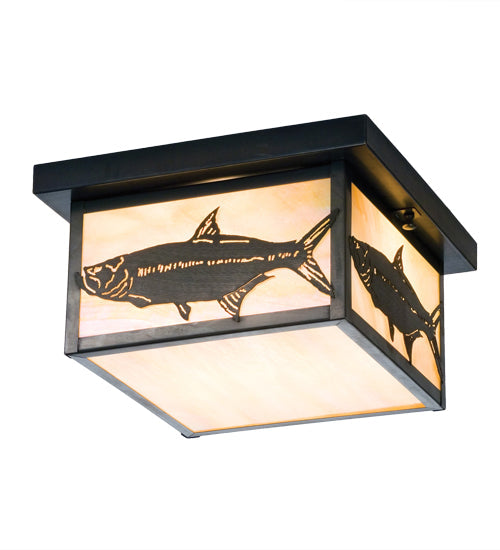 Meyda Lighting Tarpon 12"Sq 2-Light Craftsman Brown Flush Mount Light With Beige Iridescent Shade Glass