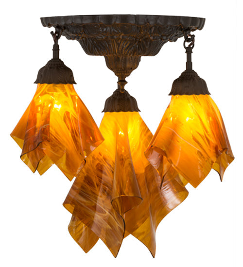 Meyda Lighting Taste of Honey 21" 3-Light Oil Rubbed Bronze Pendant Light With Orange Coral Shade Glass