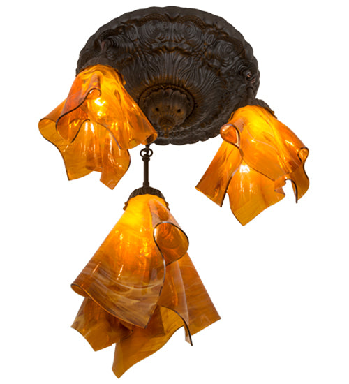 Meyda Lighting Taste of Honey 21" 3-Light Oil Rubbed Bronze Pendant Light With Orange Coral Shade Glass