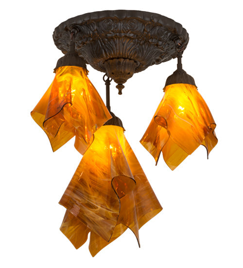 Meyda Lighting Taste of Honey 21" 3-Light Oil Rubbed Bronze Pendant Light With Orange Coral Shade Glass
