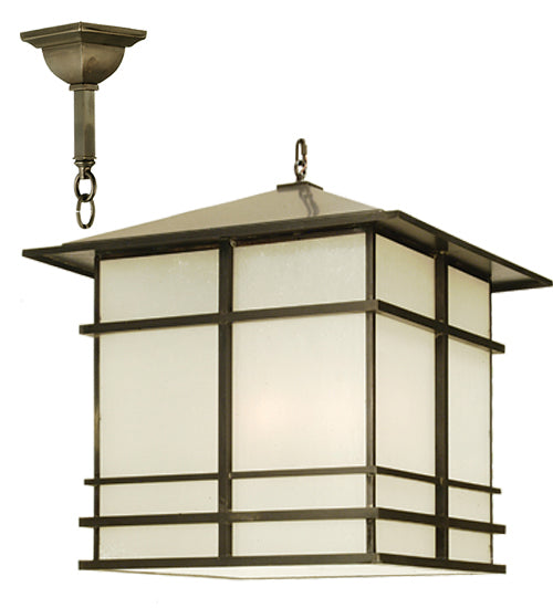 Meyda Lighting Tea House 30"Sq 4-Light Craftsman Brown Lantern Pendant Light With Frosted Seeded Shade Glass