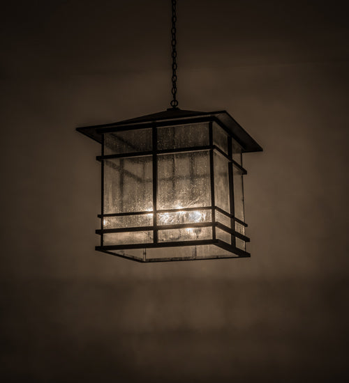 Meyda Lighting Tea House 43" 4-Light Black Textured Lantern Pendant Light With Clear Seeded Shade Glass