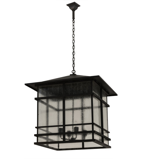 Meyda Lighting Tea House 43" 4-Light Black Textured Lantern Pendant Light With Clear Seeded Shade Glass