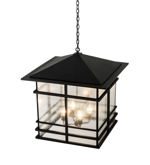 Meyda Lighting Tea House 43" 4-Light Black Textured Lantern Pendant Light With Clear Seeded Shade Glass