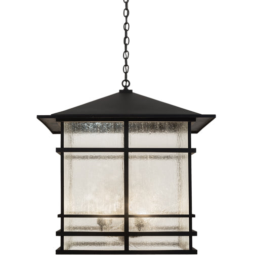 Meyda Lighting Tea House 43" 4-Light Black Textured Lantern Pendant Light With Clear Seeded Shade Glass