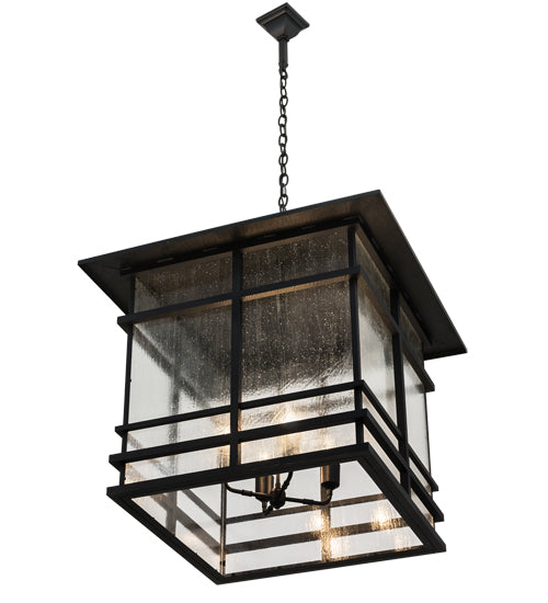 Meyda Lighting Tea House 43" 4-Light Black Textured Lantern Pendant Light With Clear Seeded Shade Glass