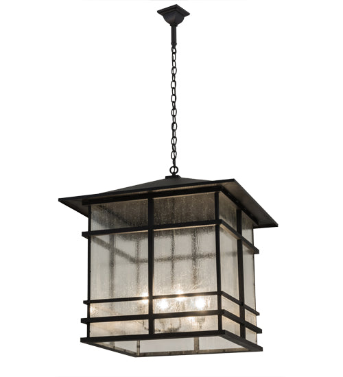 Meyda Lighting Tea House 43" 4-Light Black Textured Lantern Pendant Light With Clear Seeded Shade Glass