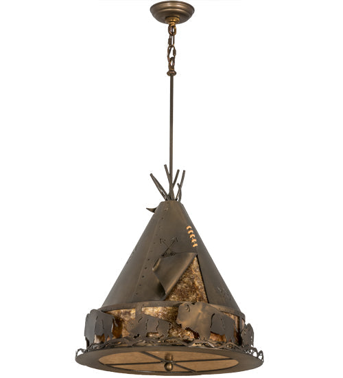 Meyda Lighting Teepee 20" 4-Light Antique Copper Buffalo Pendant Light With Amber Mica Shade Glass