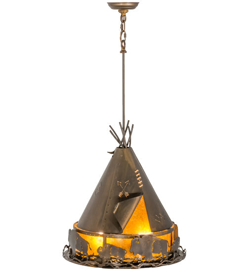 Meyda Lighting Teepee 20" 4-Light Antique Copper Buffalo Pendant Light With Amber Mica Shade Glass