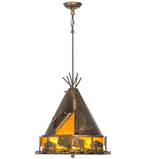 Meyda Lighting Teepee 20" 4-Light Antique Copper Buffalo Pendant Light With Amber Mica Shade Glass
