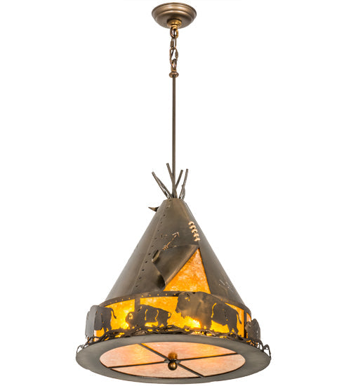 Meyda Lighting Teepee 20" 4-Light Antique Copper Buffalo Pendant Light With Amber Mica Shade Glass