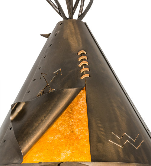 Meyda Lighting Teepee 20" 4-Light Antique Copper Buffalo Pendant Light With Amber Mica Shade Glass