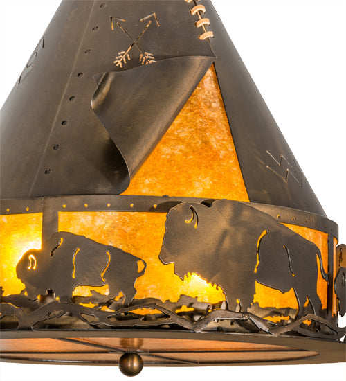 Meyda Lighting Teepee 20" 4-Light Antique Copper Buffalo Pendant Light With Amber Mica Shade Glass