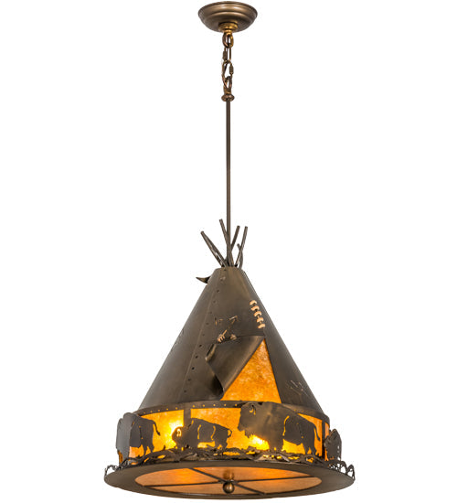 Meyda Lighting Teepee 20" 4-Light Antique Copper Buffalo Pendant Light With Amber Mica Shade Glass